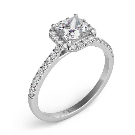 This Engagement Ring is available in 14K White Gold. There are a total of 34 stones. There are Rounds with a total carat weight of 0.28 set in a Micro Prong setting.