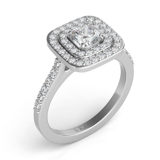 This Engagement Ring is available in 14K White Gold. There are a total of 52 stones. There are Rounds with a total carat weight of 0.6 set in a Micro Prong setting.