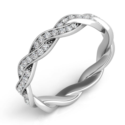This Band is available in 14K White Gold. There are a total of 60 stones. There are Round with a total carat weight of 0.4 set in a Micro Pave setting.