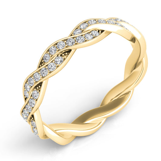 This Band is available in 14K Yellow Gold. There are a total of 60 stones. There are Round with a total carat weight of 0.4 set in a Micro Pave setting.