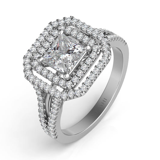 This Engagement Ring is available in 14K White Gold. There are a total of 102 stones. There are Rounds with a total carat weight of 0.63 set in a Micro Prong setting.