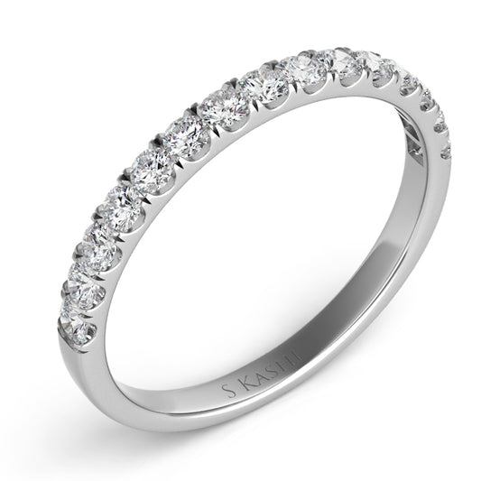 This Band is available in 14K White Gold. There are a total of 15 stones. There are Round with a total carat weight of 0.44 set in a Micro Prong setting.