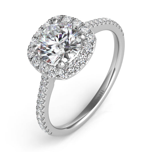 This Engagement Ring is available in 14K White Gold. There are a total of 32 stones. There are Rounds with a total carat weight of 0.61 set in a Micro Prong|Prong Set setting.