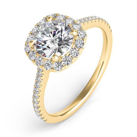 This Engagement Ring is available in 14K Yellow Gold. There are a total of 32 stones. There are Rounds with a total carat weight of 0.61 set in a Micro Prong|Prong Set setting.