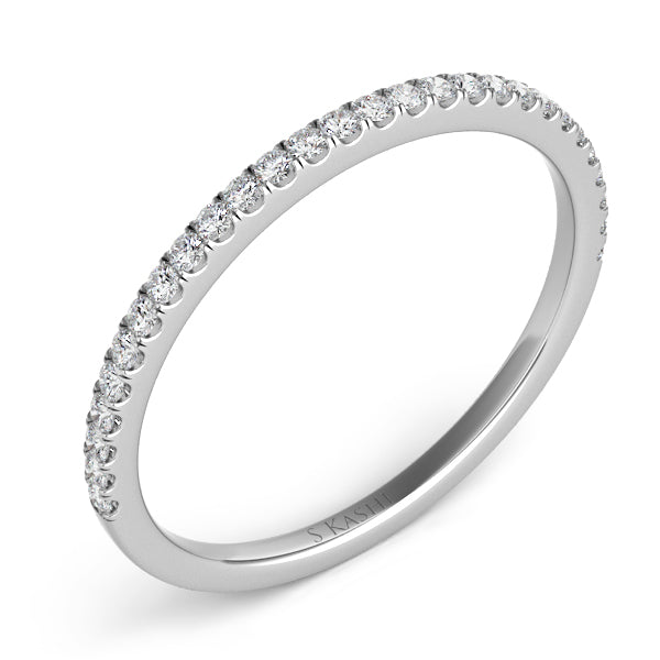This Band is available in 14K White Gold. There are a total of 20 stones. There are Round with a total carat weight of 0.24 set in a Micro Prong setting.