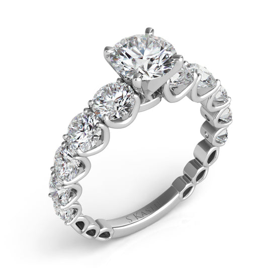 This Engagement Ring is available in 14K White Gold. There are a total of 10 stones. There are Rounds with a total carat weight of 2.02 set in a Prong Set setting.