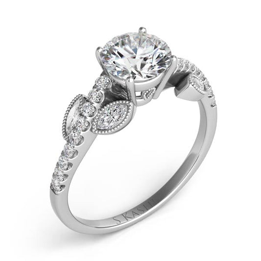 This Engagement Ring is available in 14K White Gold. There are a total of 22 stones. There are Marquise with a total carat weight of 0.12 set in a Bezel Set|Micro Prong setting.There are Rounds stones with a total carat weight of 0.15 set in a Bezel Set|Micro Prong.