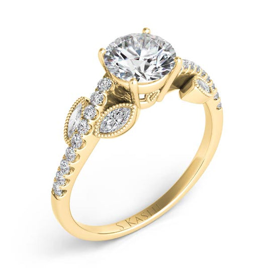 This Engagement Ring is available in 14K Yellow Gold. There are a total of 22 stones. There are Marquise with a total carat weight of 0.12 set in a Bezel Set|Micro Prong setting.There are Rounds stones with a total carat weight of 0.15 set in a Bezel Set|Micro Prong.