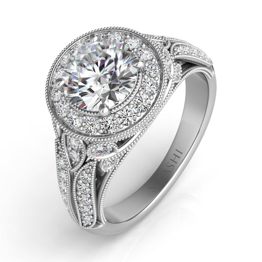 This Engagement Ring  is available in 14K White Gold. There are a total of 50 stones. There are Rounds with a total carat weight of 0.65 set in a Micro Pave|Micro Prong setting.