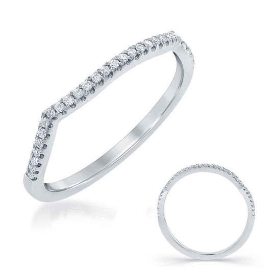 This Band is available in 14K White Gold. There are a total of 32 stones. There are Round with a total carat weight of 0.12 set in a Micro Prong setting.