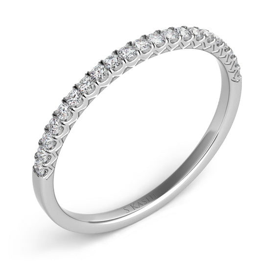This Band is available in 14K White Gold. There are a total of 21 stones. There are Round with a total carat weight of 0.17 set in a Micro Prong setting.