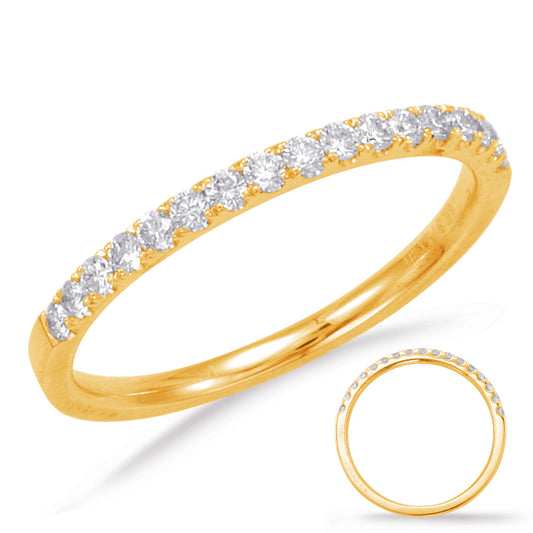 This Band is available in 14K Yellow Gold. There are a total of 17 stones. There are Round with a total carat weight of 0.25 set in a Micro Prong setting.