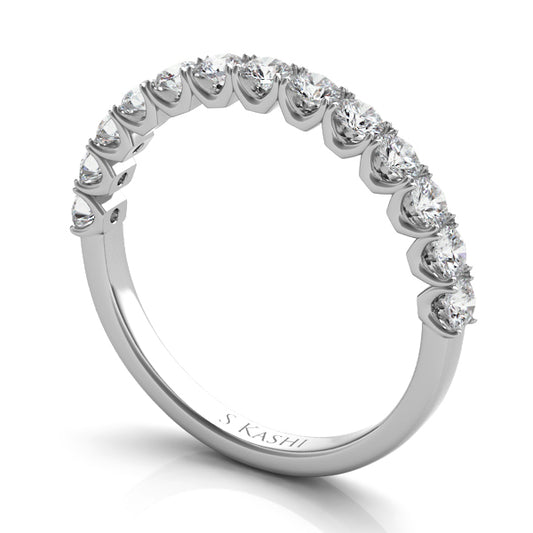 This Band is available in 14K White Gold. There are a total of 13 stones. There are Round with a total carat weight of 0.55 set in a Prong Set setting.