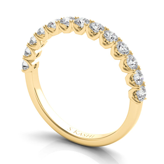 This Band is available in 14K Yellow Gold. There are a total of 13 stones. There are Round with a total carat weight of 0.55 set in a Prong Set setting.