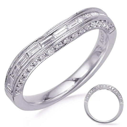 This Band is available in 14K White Gold. There are a total of 30 stones. There are Baguette with a total carat weight of 0.27 set in a setting.There are Round stones with a total carat weight of 0.14 set in a .