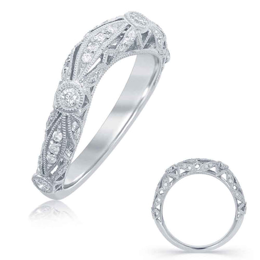 This Band is available in 14K White Gold. There are a total of 38 stones. There are Round with a total carat weight of 0.19 set in a Bezel Set|Micro Pave setting.