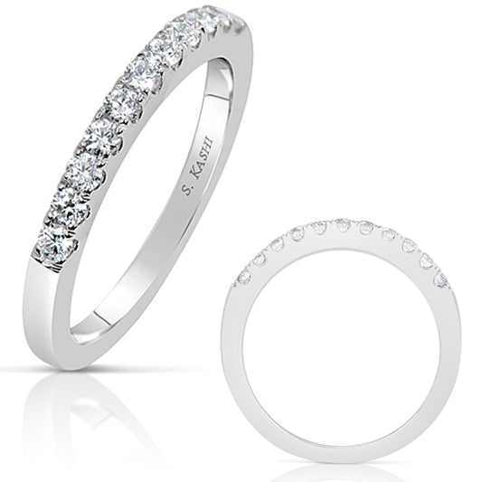 This Band is available in 14K White Gold. There are a total of 11 stones. There are Round with a total carat weight of 0.33 set in a Prong Set setting.