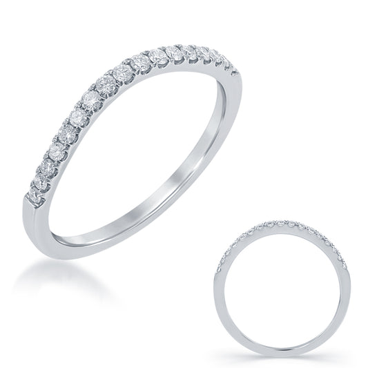 This Band is available in 14K White Gold. There are a total of 17 stones. There are Round with a total carat weight of 0.2 set in a Micro Prong setting.