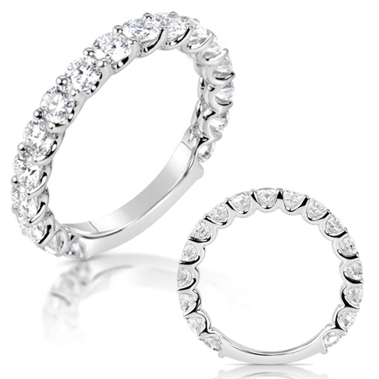 This Band is available in 14K White Gold. There are a total of 17 stones. There are Round with a total carat weight of 1.7 set in a Prong Set setting.