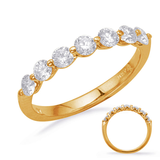 This Band is available in 14K Yellow Gold. There are a total of 7 stones. There are Round with a total carat weight of 0.79 set in a Shared Prongs setting.