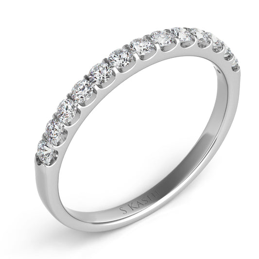 This Band is available in 14K White Gold. There are a total of 13 stones. There are Round with a total carat weight of 0.33 set in a Prong Set setting.