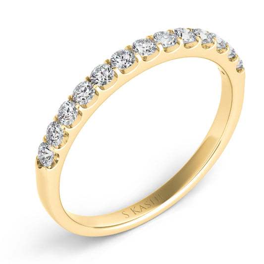 This Band is available in 14K Yellow Gold. There are a total of 13 stones. There are Round with a total carat weight of 0.33 set in a Prong Set setting.