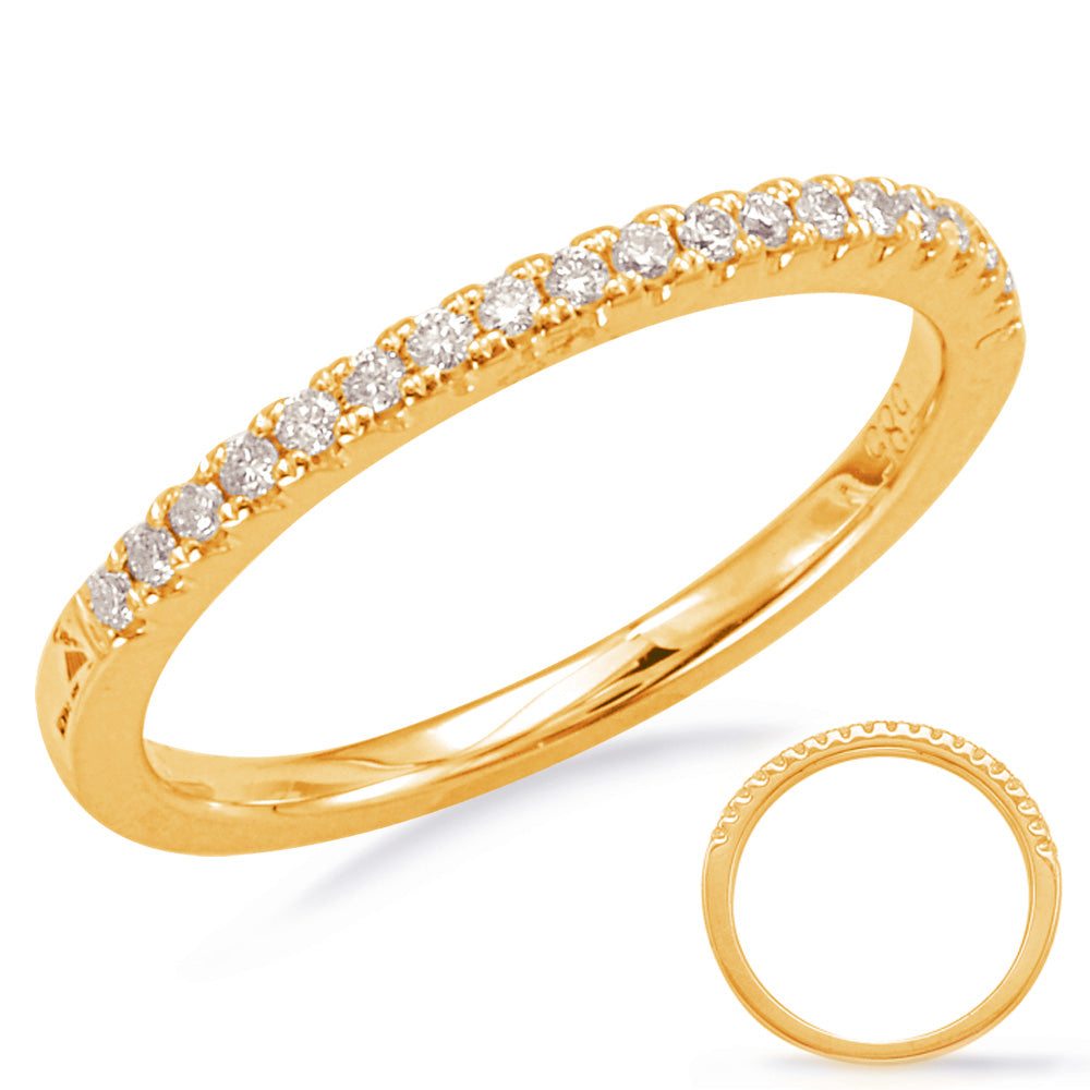 This Band is available in 14K Yellow Gold. There are a total of 19 stones. There are Round with a total carat weight of 0.14 set in a Micro Prong setting.