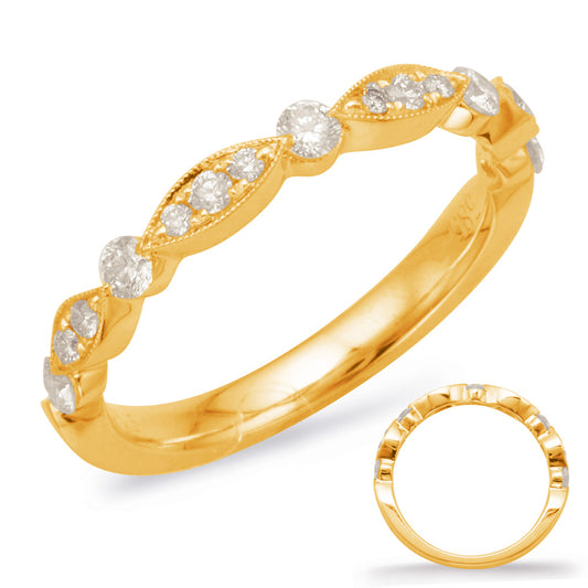 This Band is available in 14K Yellow Gold. There are a total of 15 stones. There are Round with a total carat weight of 0.31 set in a Micro Prong|Prong Set setting.