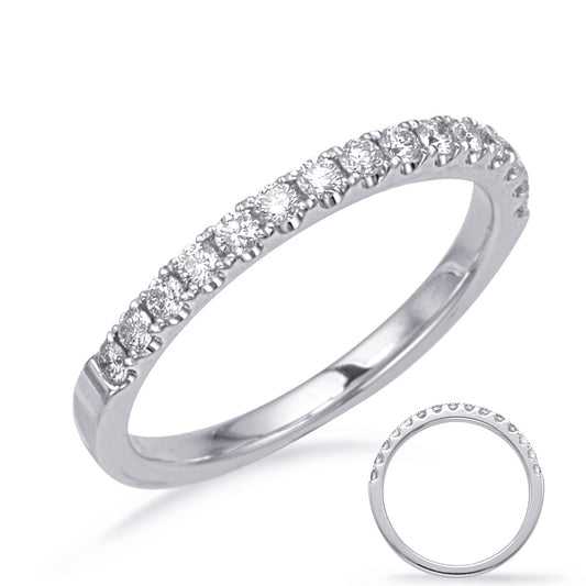 This Band is available in 14K White Gold. There are a total of 15 stones. There are Round with a total carat weight of 0.3 set in a Prong Set setting.