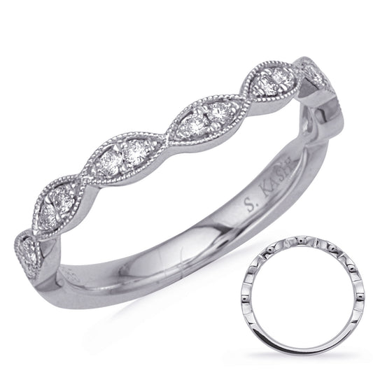 This Band is available in 14K White Gold. There are a total of 14 stones. There are Round with a total carat weight of 0.16 set in a Micro Pave|Micro Prong setting.