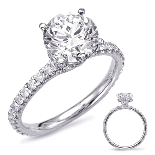 This Engagement Ring is available in 14K White Gold. There are a total of 52 stones. There are Rounds with a total carat weight of 0.65 set in a Micro Prong|Prong Set setting.