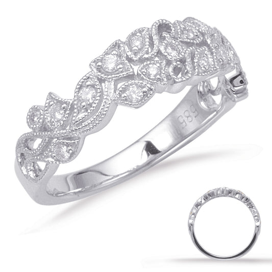 This Band is available in 14K White Gold. There are a total of 17 stones. There are Round with a total carat weight of 0.17 set in a Bezel Set|Micro Prong setting.