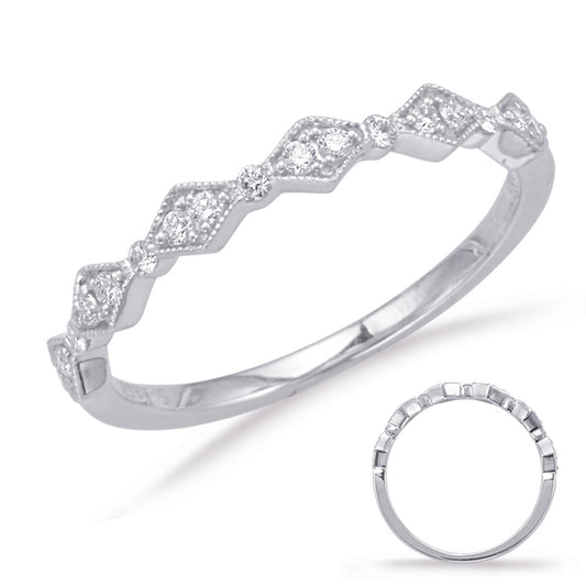 This Band is available in 14K White Gold. There are a total of 17 stones. There are Round with a total carat weight of 0.16 set in a Micro Prong|Prong Set setting.
