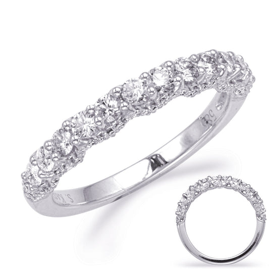 This Band is available in 14K White Gold. There are a total of 80 stones. There are Round with a total carat weight of 0.69 set in a Micro Prong setting.