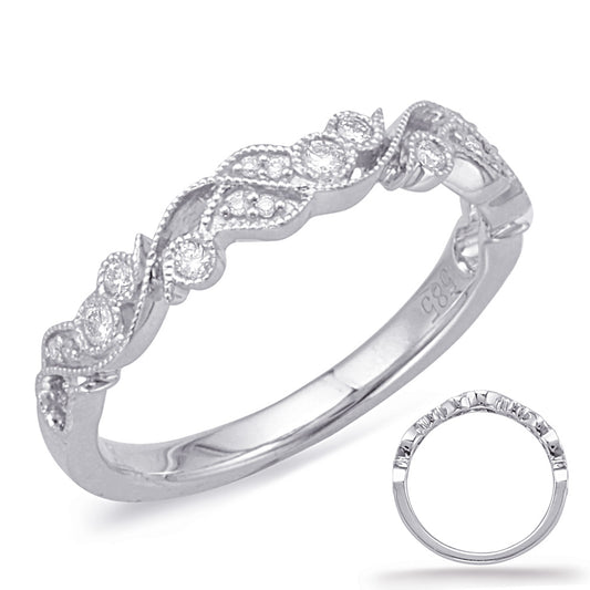 This Band is available in 14K White Gold. There are a total of 18 stones. There are Round with a total carat weight of 0.16 set in a Bezel Set|Micro Prong|Shared Prongs setting.
