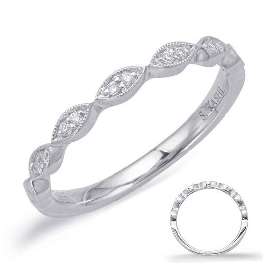 This Band is available in 14K White Gold. There are a total of 14 stones. There are Round with a total carat weight of 0.08 set in a Micro Prong|Shared Prongs setting.