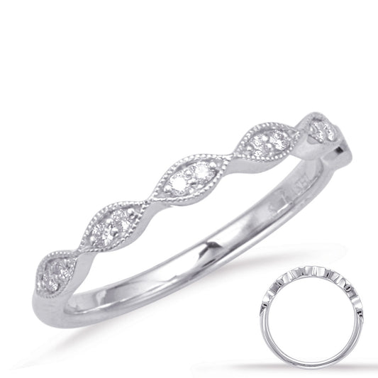 This Band is available in 14K White Gold. There are a total of 12 stones. There are Round with a total carat weight of 0.11 set in a Micro Prong|Shared Prongs setting.