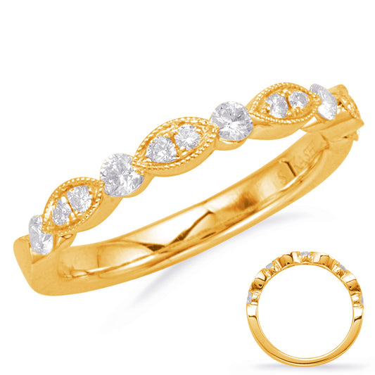 This Band is available in 14K Yellow Gold. There are a total of 13 stones. There are Round with a total carat weight of 0.34 set in a Micro Prong|Prong Set setting.