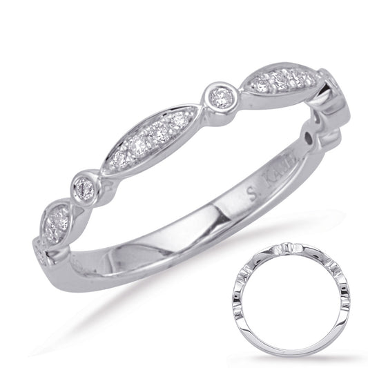 This Band is available in 14K White Gold. There are a total of 17 stones. There are Round with a total carat weight of 0.15 set in a Bezel Set|Micro Prong setting.