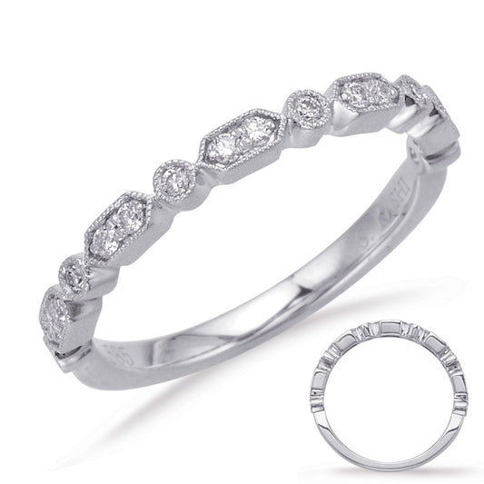 This Band is available in 14K White Gold. There are a total of 16 stones. There are Round with a total carat weight of 0.16 set in a Bezel Set|Micro Prong setting.