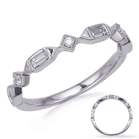 This Band is available in 14K White Gold. There are a total of 7 stones. There are Baguette with a total carat weight of 0.19 set in a Channel Set|Micro Prong setting.There are Round stones with a total carat weight of 0.05 set in a Channel Set|Micro Prong.
