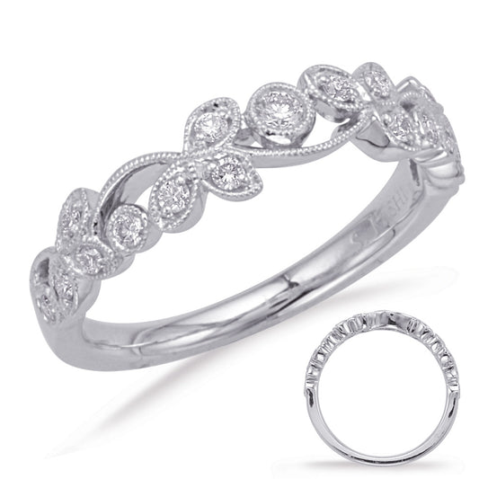This Band is available in 14K White Gold. There are a total of 17 stones. There are Round with a total carat weight of 0.23 set in a Bezel Set|Micro Prong setting.
