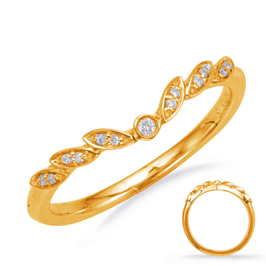 This Band is available in 14K Yellow Gold. There are a total of 13 stones. There are Round with a total carat weight of 0.04 set in a Bezel Set|Micro Prong|Shared Prongs setting.
