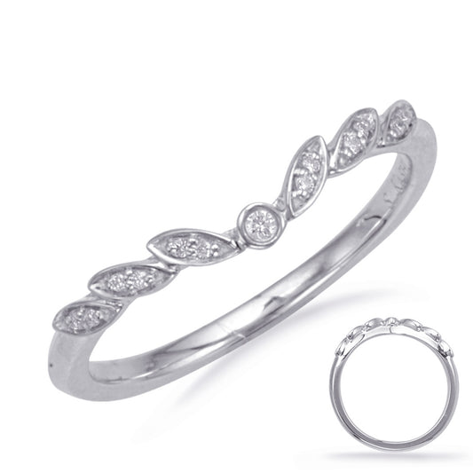 This Band is available in 14K White Gold. There are a total of 13 stones. There are Round with a total carat weight of 0.05 set in a Bezel Set|Micro Prong|Shared Prongs setting.