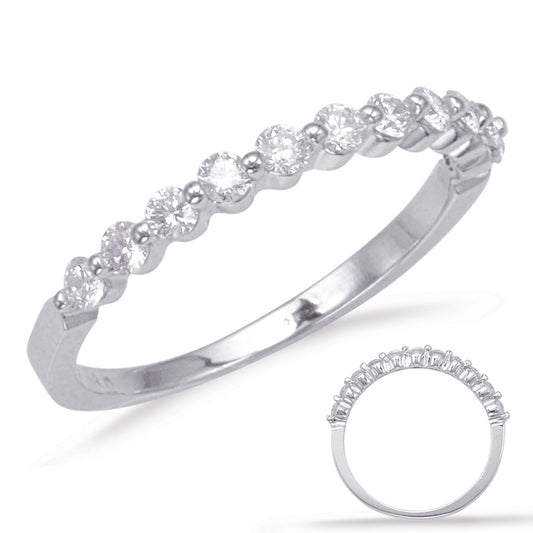 This Band is available in 14K White Gold. There are a total of 11 stones. There are Round with a total carat weight of 0.43 set in a Prong Set|Shared Prongs setting.