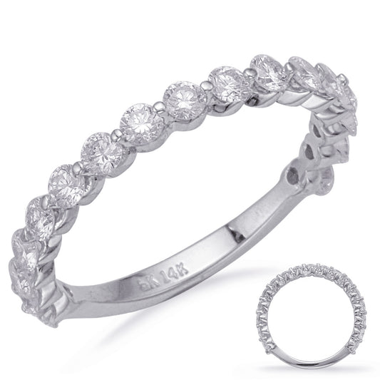 This Band is available in 14K White Gold. There are a total of 17 stones. There are Round with a total carat weight of 0.84 set in a Prong Set|Shared Prongs setting.