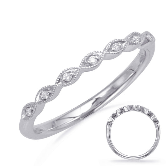 This Band is available in 14K White Gold. There are a total of 7 stones. There are Round with a total carat weight of 0.04 set in a Micro Prong setting.