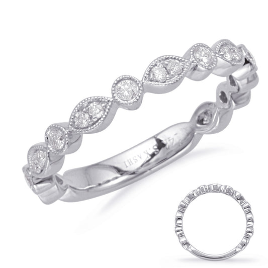 This Band is available in 14K White Gold. There are a total of 20 stones. There are Round with a total carat weight of 0.28 set in a Bezel Set|Micro Prong setting.