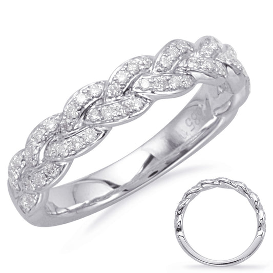 This Band is available in 14K White Gold. There are a total of 61 stones. There are Round with a total carat weight of 0.35 set in a Micro Prong setting.