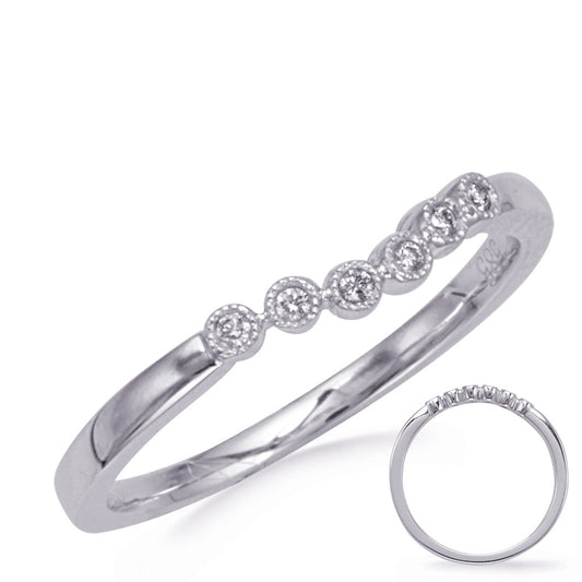 This Band is available in 14K White Gold. There are a total of 6 stones. There are Round with a total carat weight of 0.05 set in a Bezel Set setting.